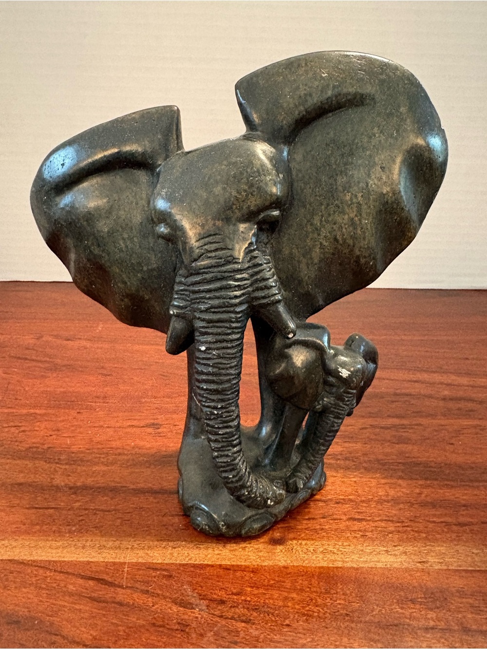African Soapstone Sculpture Mother Elephant And Calf 7.5 Inches Tall Hand Made